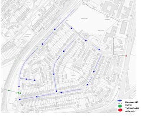 Ffigur 8 - map sy'n dangos llwybr llif y dŵr drwy Stad y Farteg